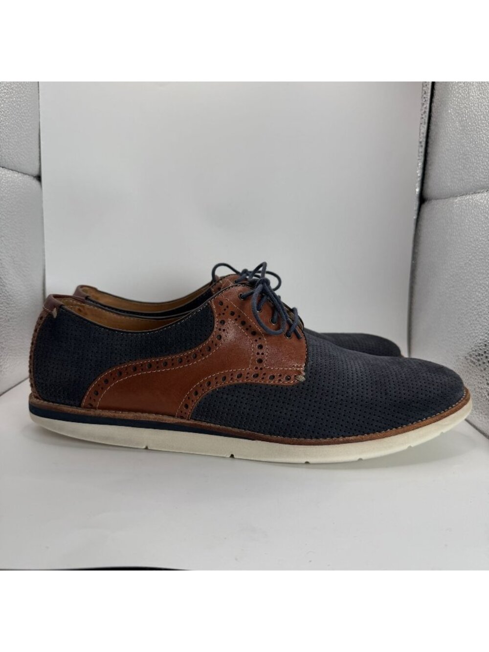 Johnston & Murphy Navy Brown Perforated Leather Sheepskin Oxford Mens Shoes 11.5